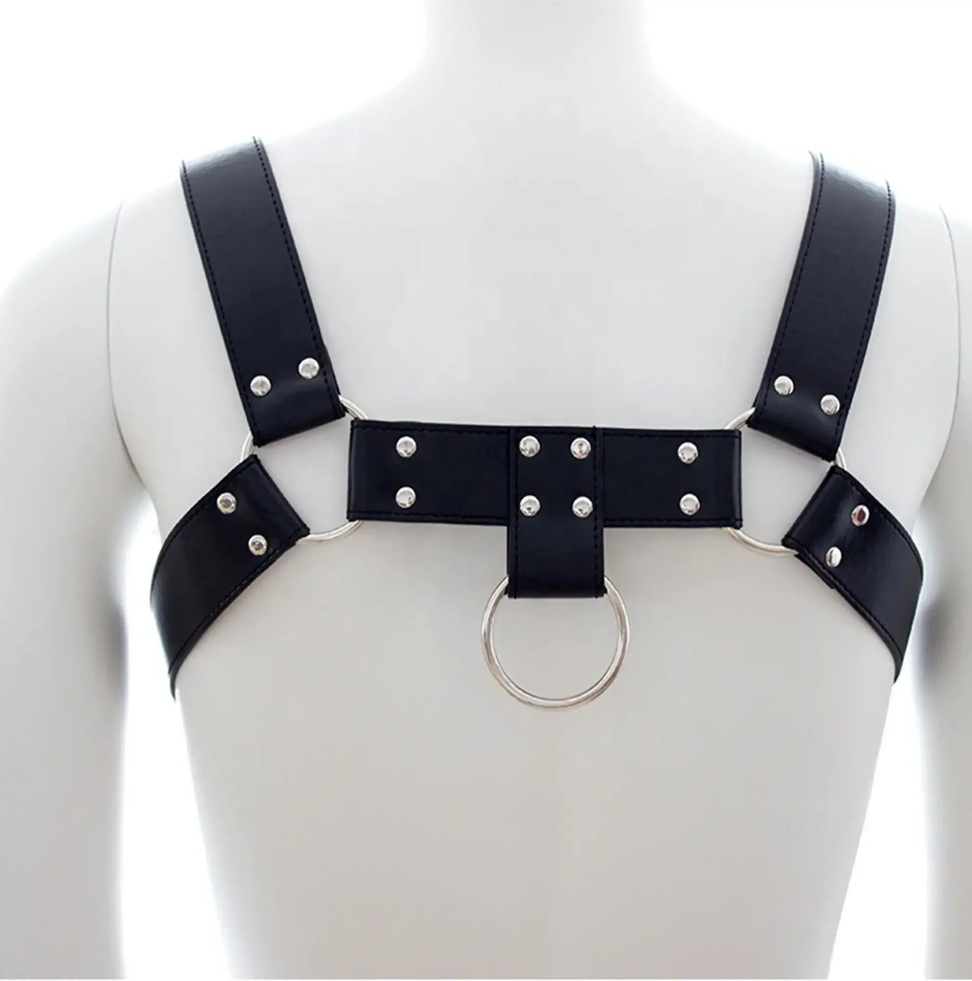 Black leather bulldog harness featuring silver-toned metal rings and studs for durable secure wear