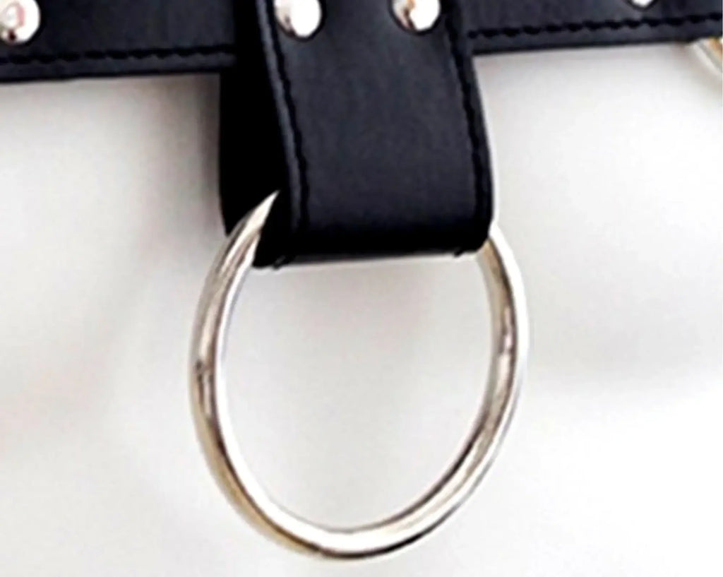 Black leather bulldog harness strap with silver-toned metal ring and rivets for durable secure fit