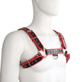 Red and black leather contrast trim harness with silver toned metal hardware shown from the back side