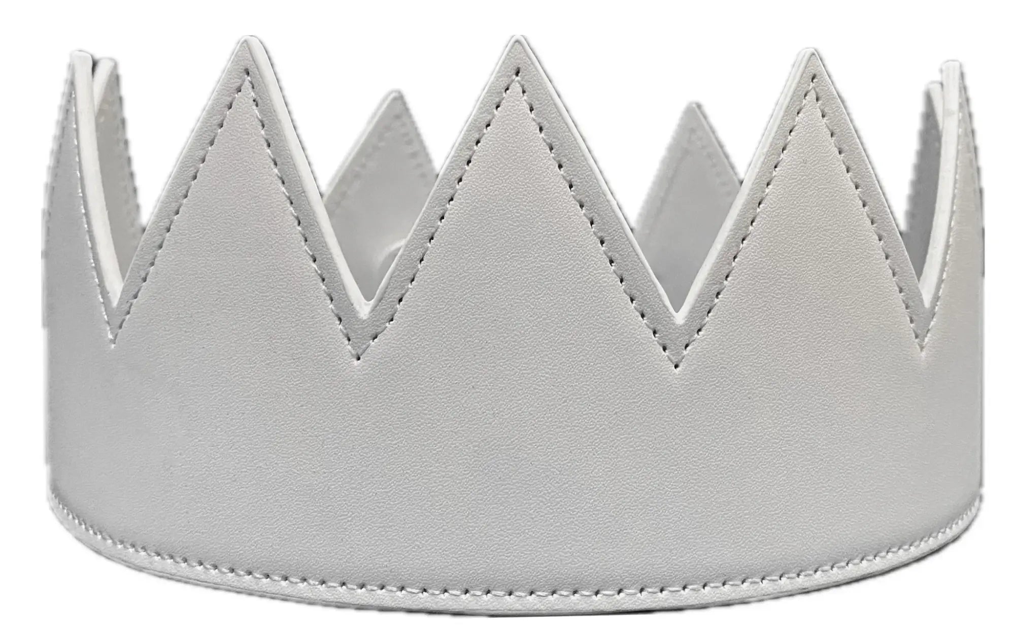 Faux leather crown in white with stitched edges and pointed triangular peaks for decorative use