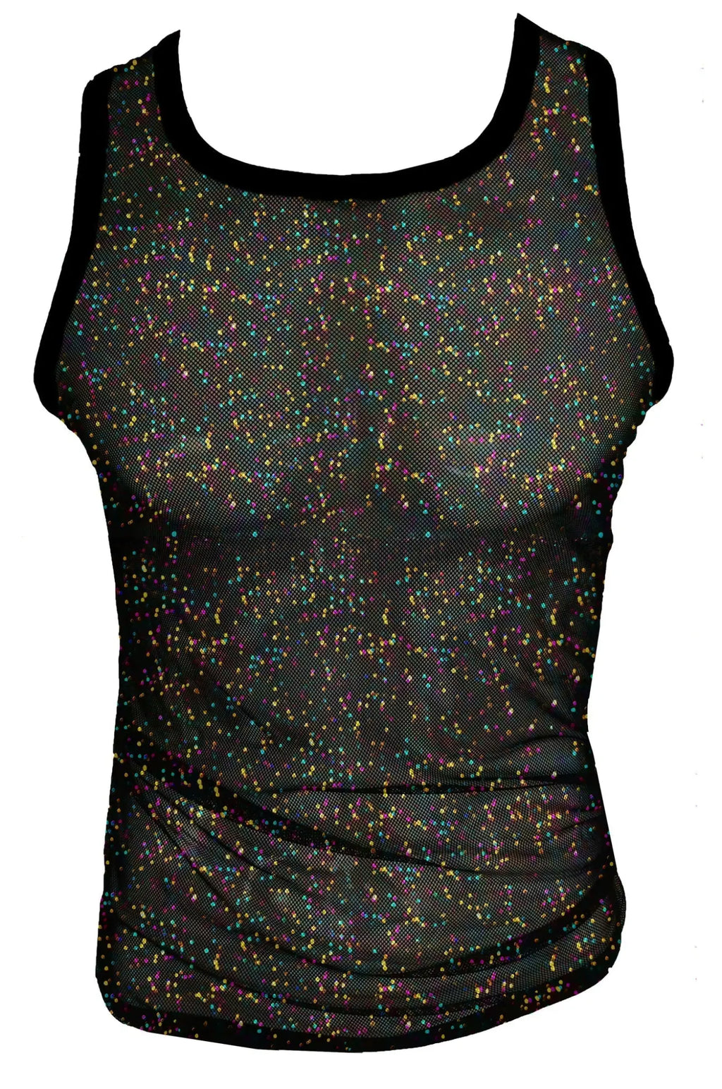 Black glitter mesh tank featuring iridescent multicolored speckles and solid black trim for stylish layering