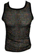Black glitter mesh tank featuring iridescent multicolored speckles and solid black trim for stylish layering