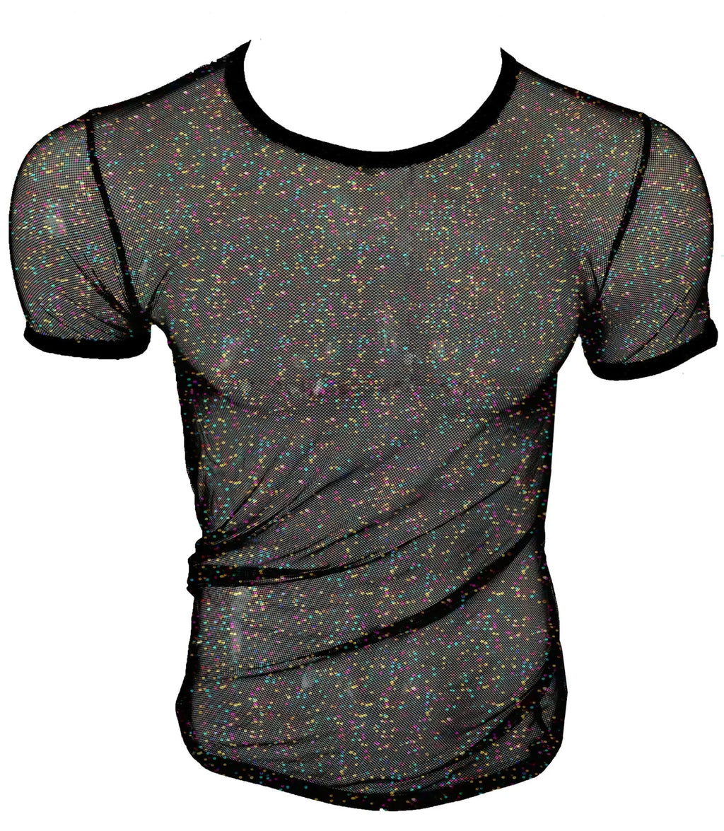 Black mesh t-shirt with iridescent glitter speckles and solid black trim called glitter mesh tee