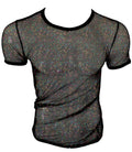 Black mesh t-shirt with iridescent glitter speckles and solid black trim called glitter mesh tee