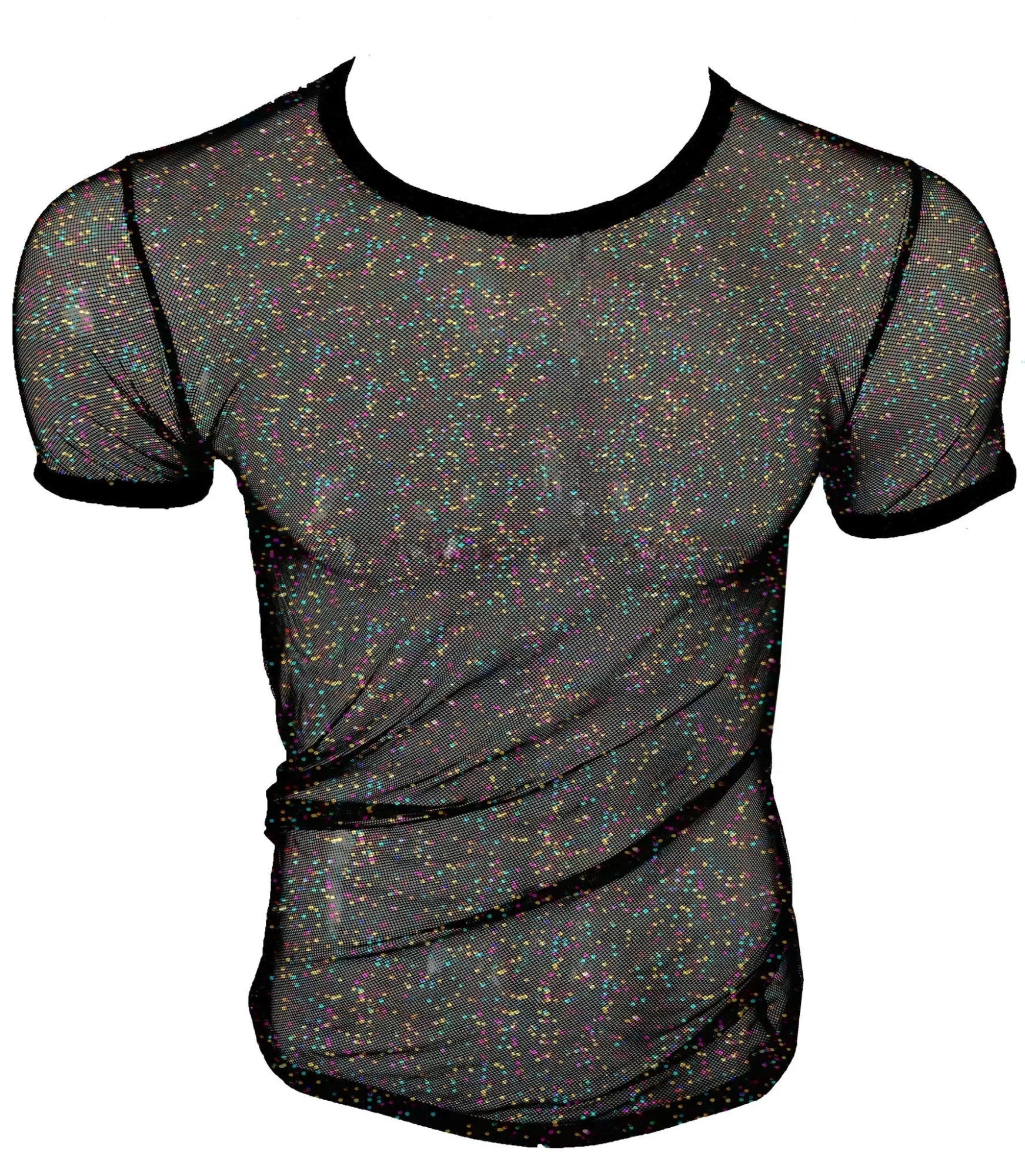 Black mesh t-shirt with iridescent glitter speckles and solid black trim called glitter mesh tee