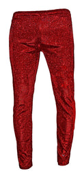 Red glitter pants with shiny sparkly texture perfect for festive or party wear