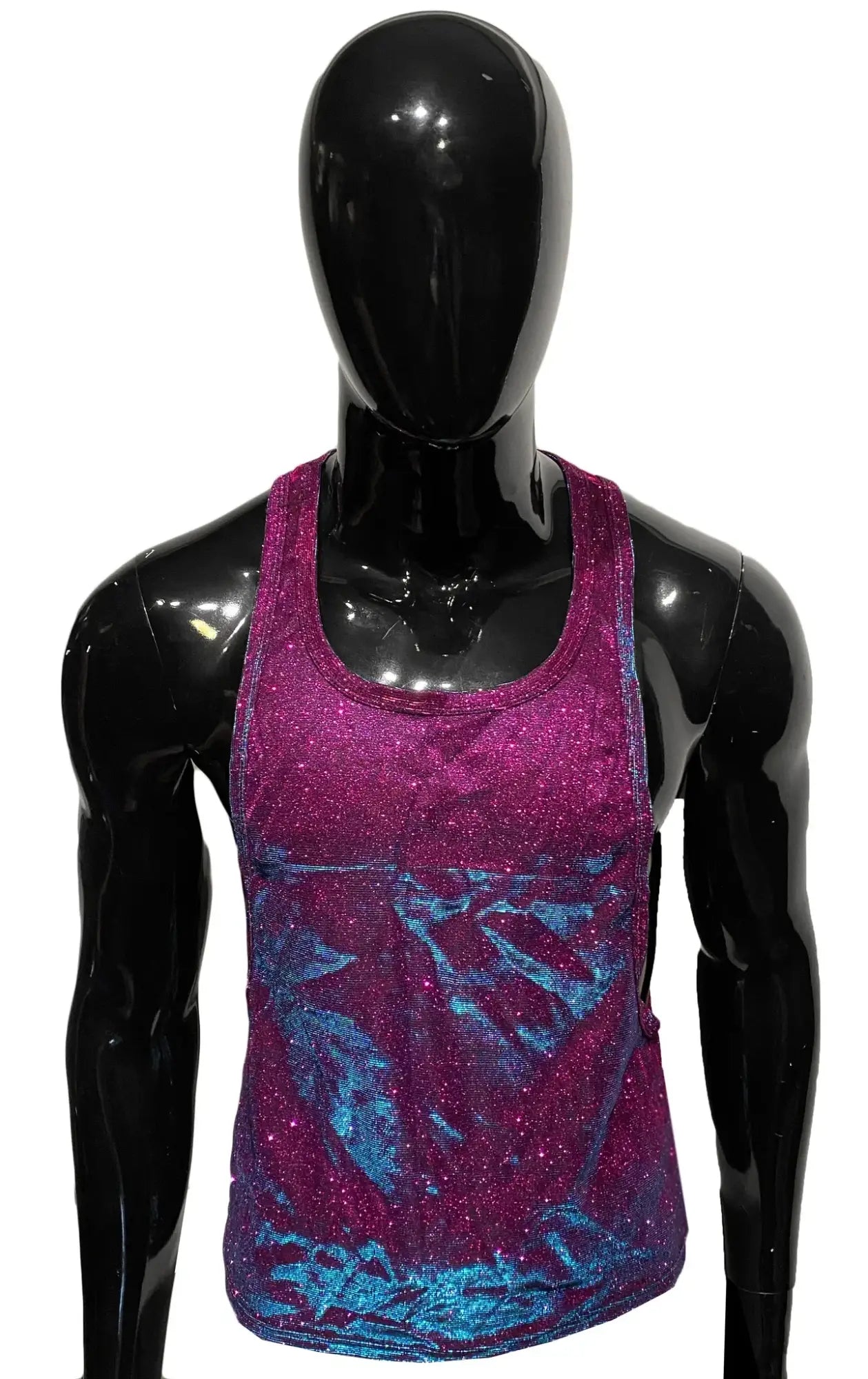Glitter string tank shimmering magenta and blue gradient tank top with glittery textured fabric for stylish wear
