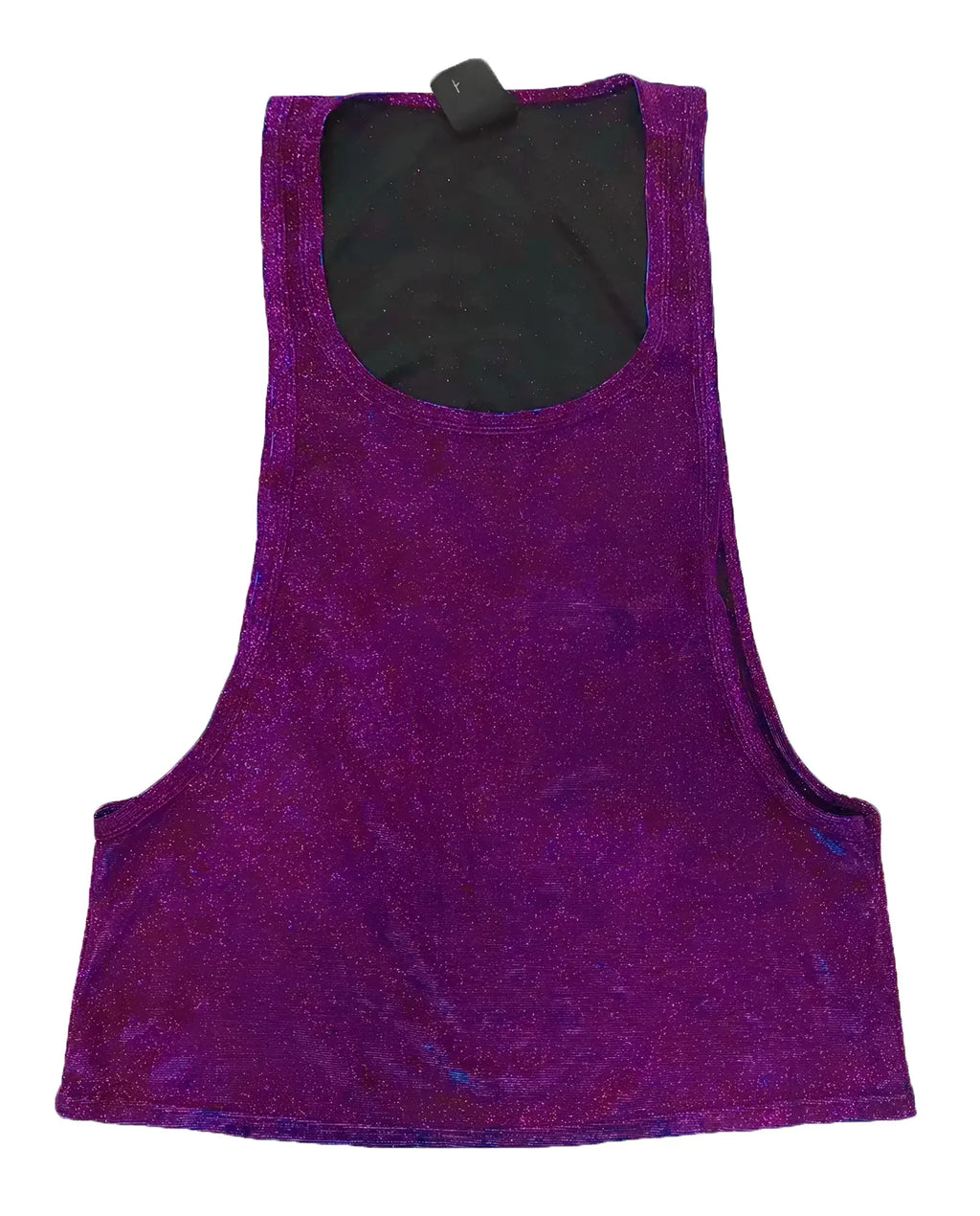 Purple glitter string tank top with black interior lining made of sparkly fabric for stylish casual wear