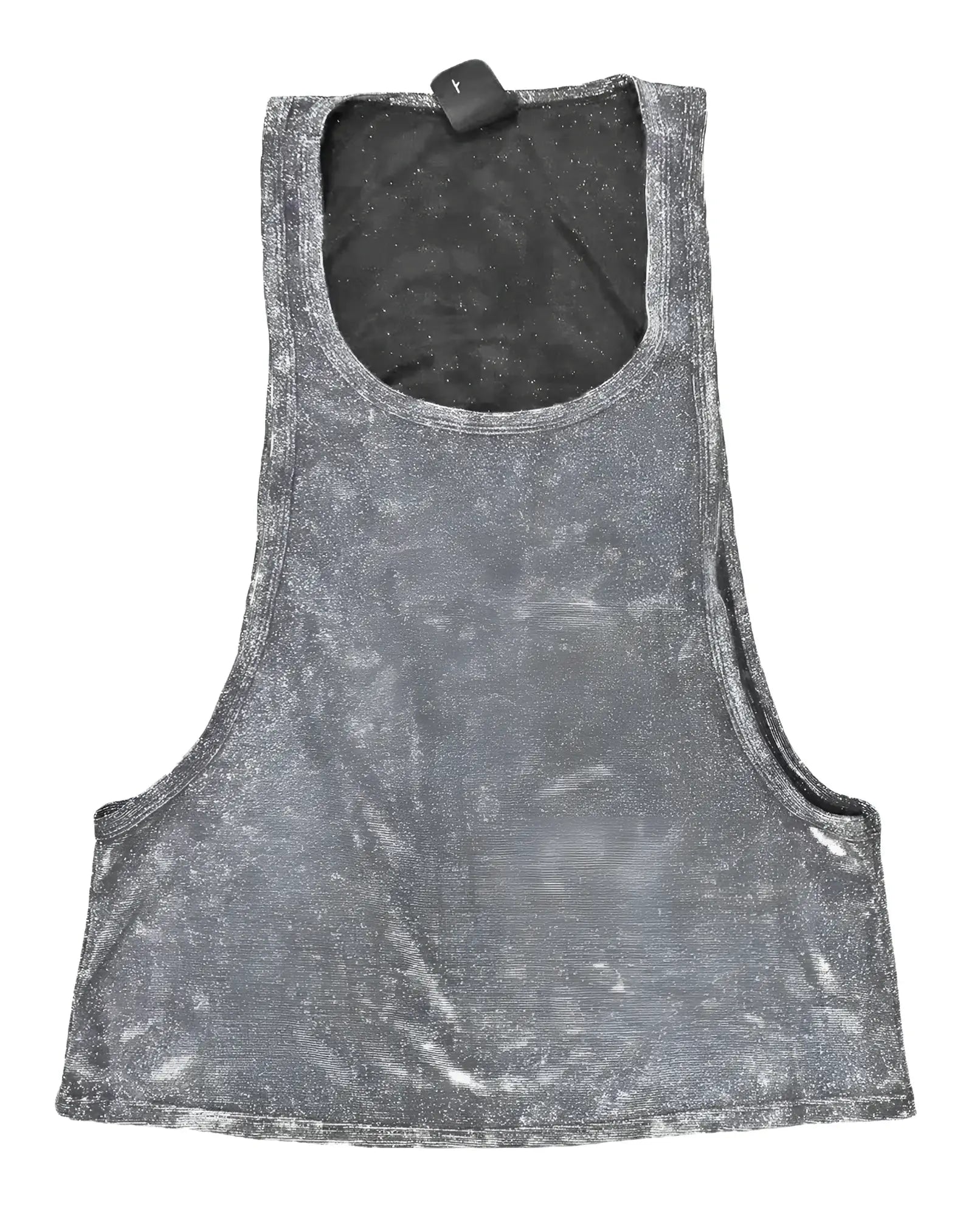 Gray metallic glitter string tank top with distressed finish and black interior lining shown from front view