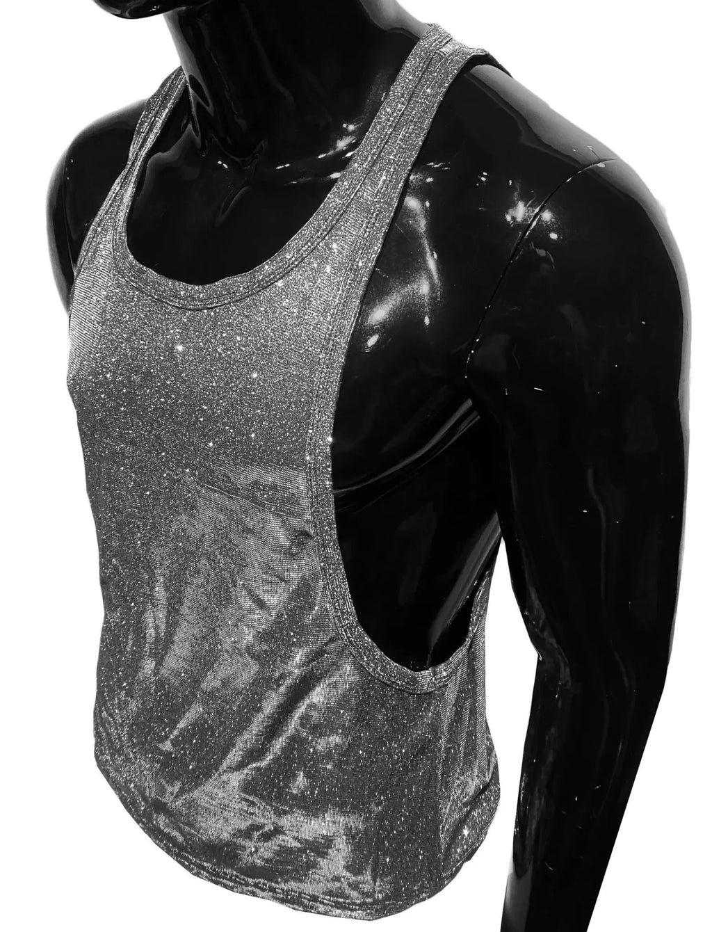Shiny silver glitter string tank top with a cutout side panel made of sparkling fabric for festive wear