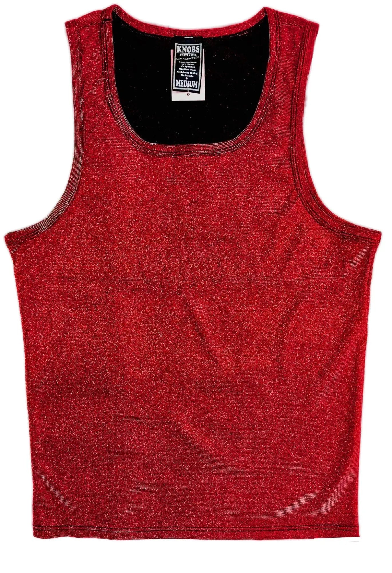 Red glittery tank top with black inner lining and knoss brand tag from the glitter tank collection