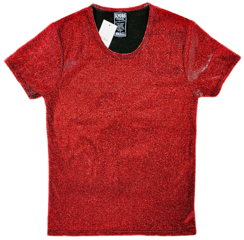 Red glittery short-sleeved t-shirt with black inner collar and knobs brand tag from glitter tee collection