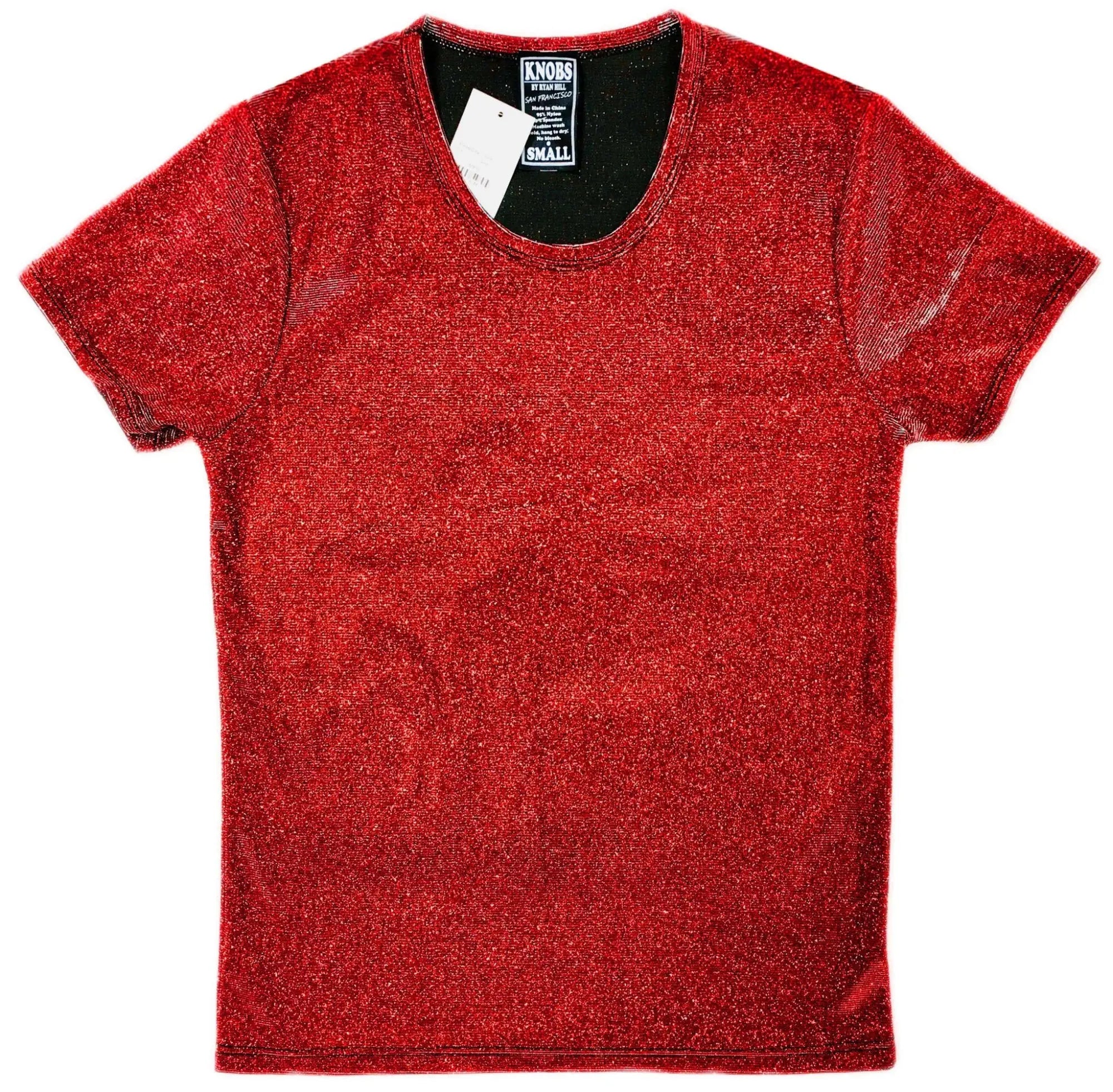 Red glittery short-sleeved t-shirt with black inner collar and knobs brand tag from glitter tee collection