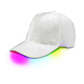 White baseball cap with glowing rainbow led trim along the brim perfect for night events and casual wear