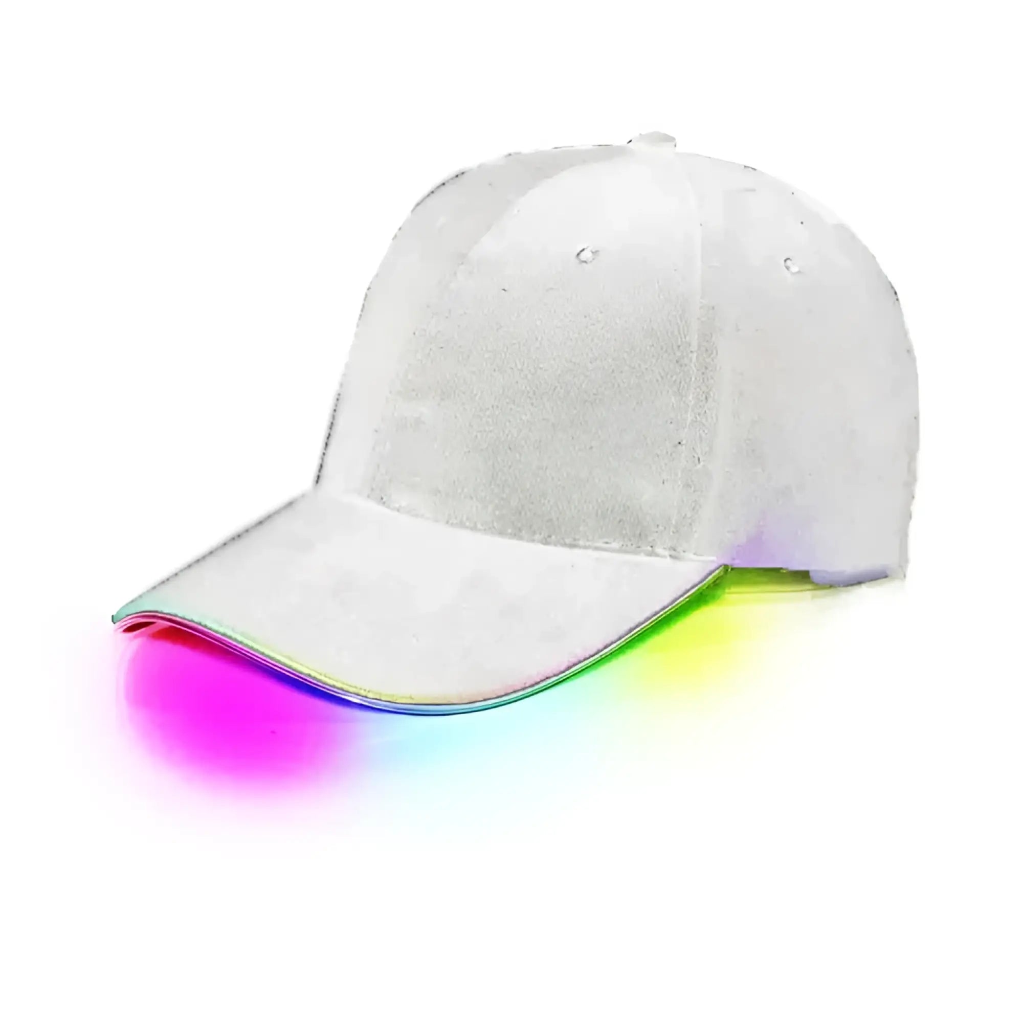 White baseball cap with glowing rainbow led trim along the brim perfect for night events and casual wear