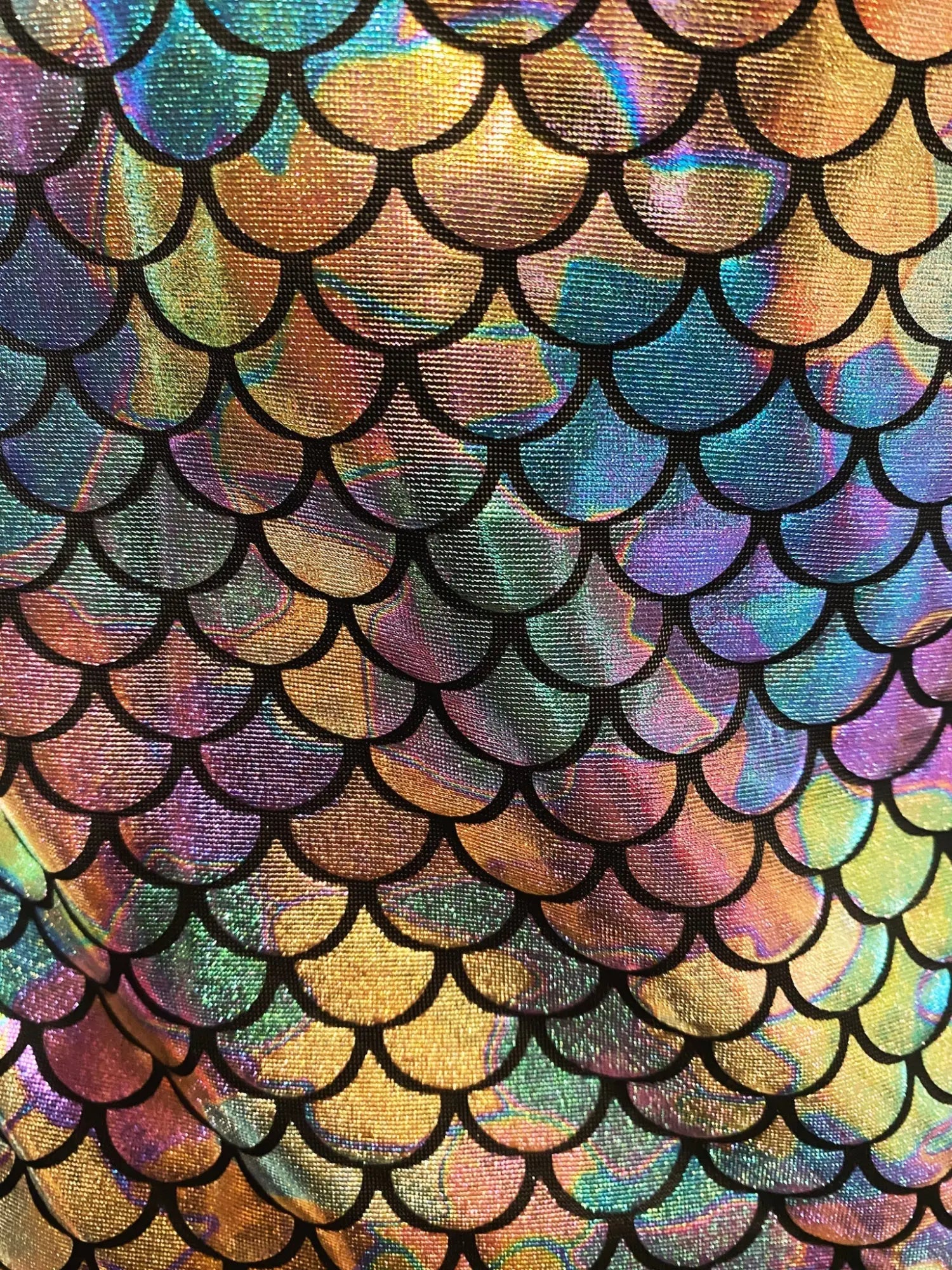 Iridescent merman tank with holographic mermaid scale fabric and black outlined scales