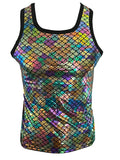 Merman tank shimmering iridescent tank top with vibrant multicolored fish scale pattern and black trim