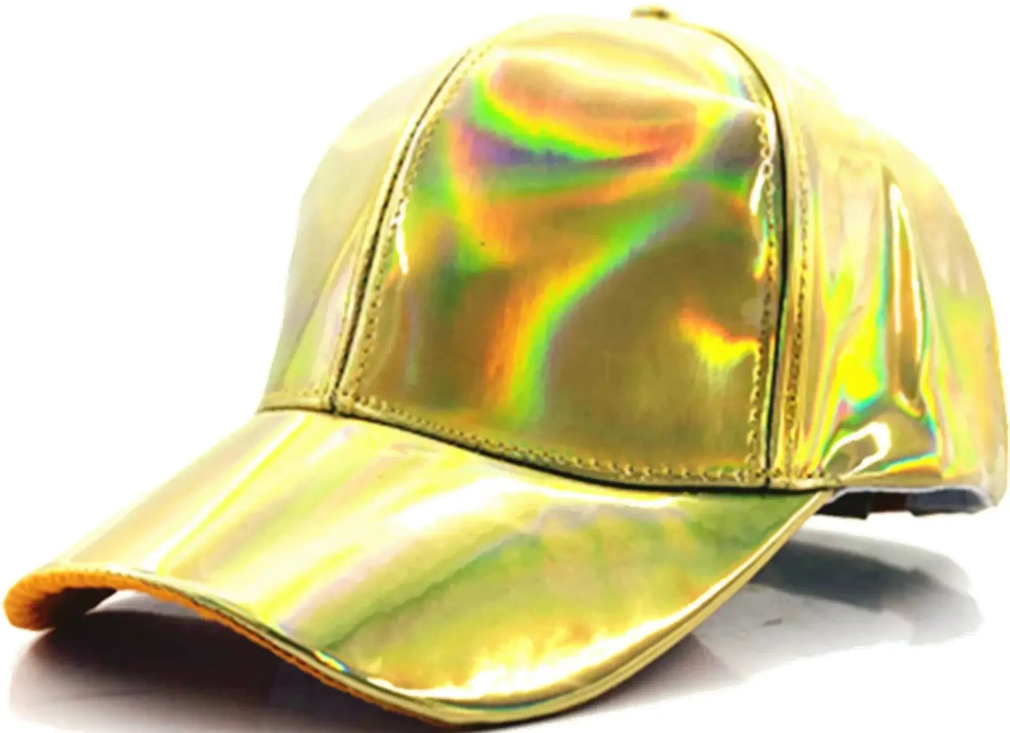 A shimmering gold metallic baseball cap with a reflective iridescent finish from 4 colors available collection