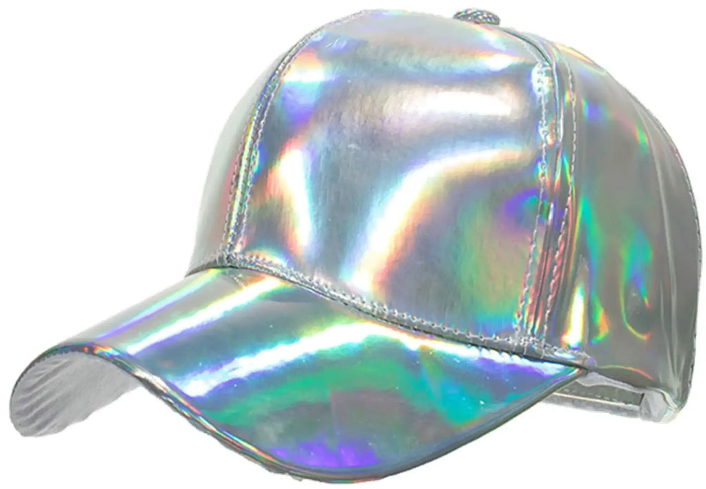 Metallic baseball cap with a shimmering holographic reflective finish shifting between silver and rainbow hues