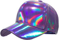 A shiny iridescent purple metallic baseball cap with a holographic finish reflecting rainbow colors