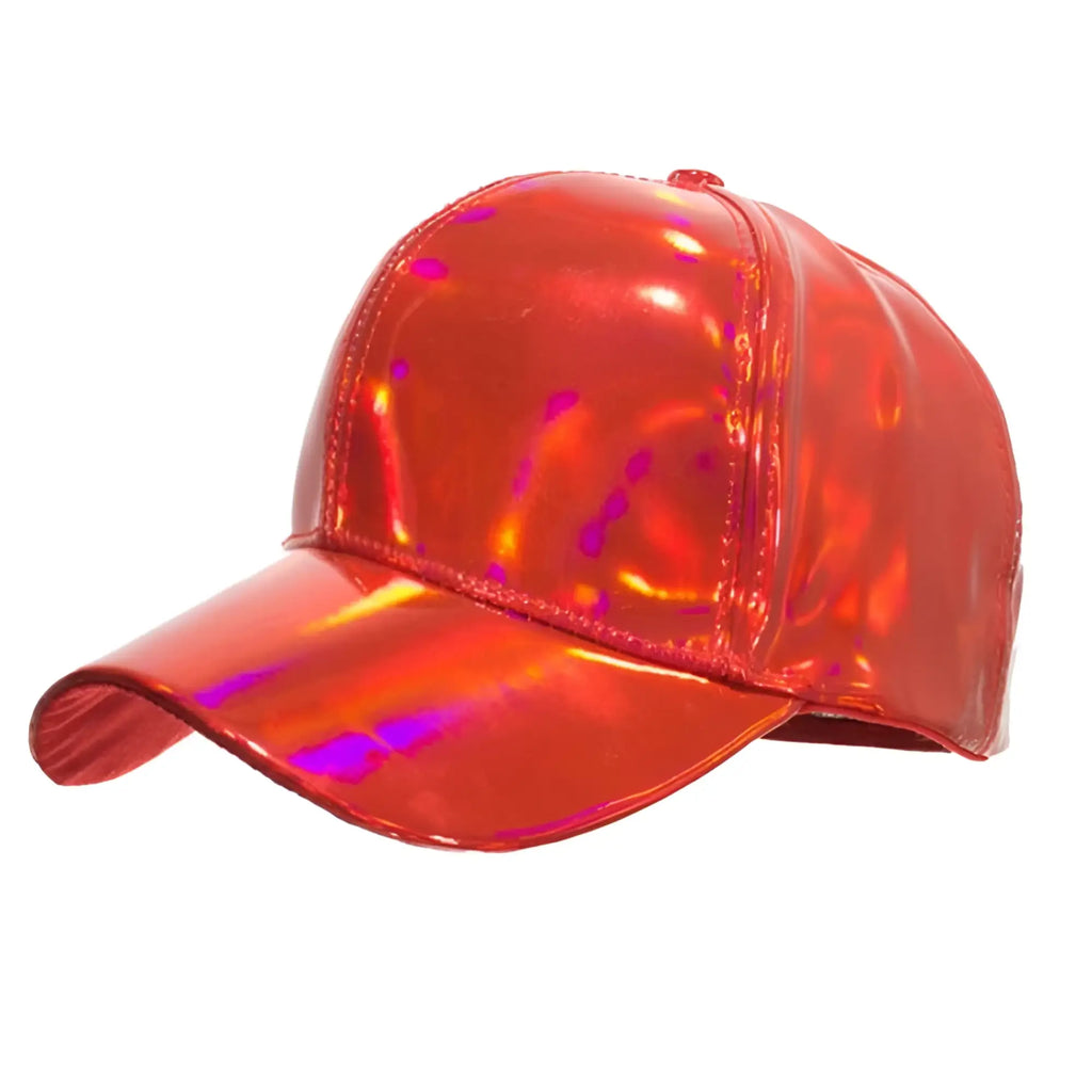 A vibrant holographic red metallic baseball cap with glossy finish and iridescent reflections in four colors available