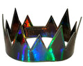Party crown with a shimmering holographic finish and sharp triangular spikes in iridescent glossy material
