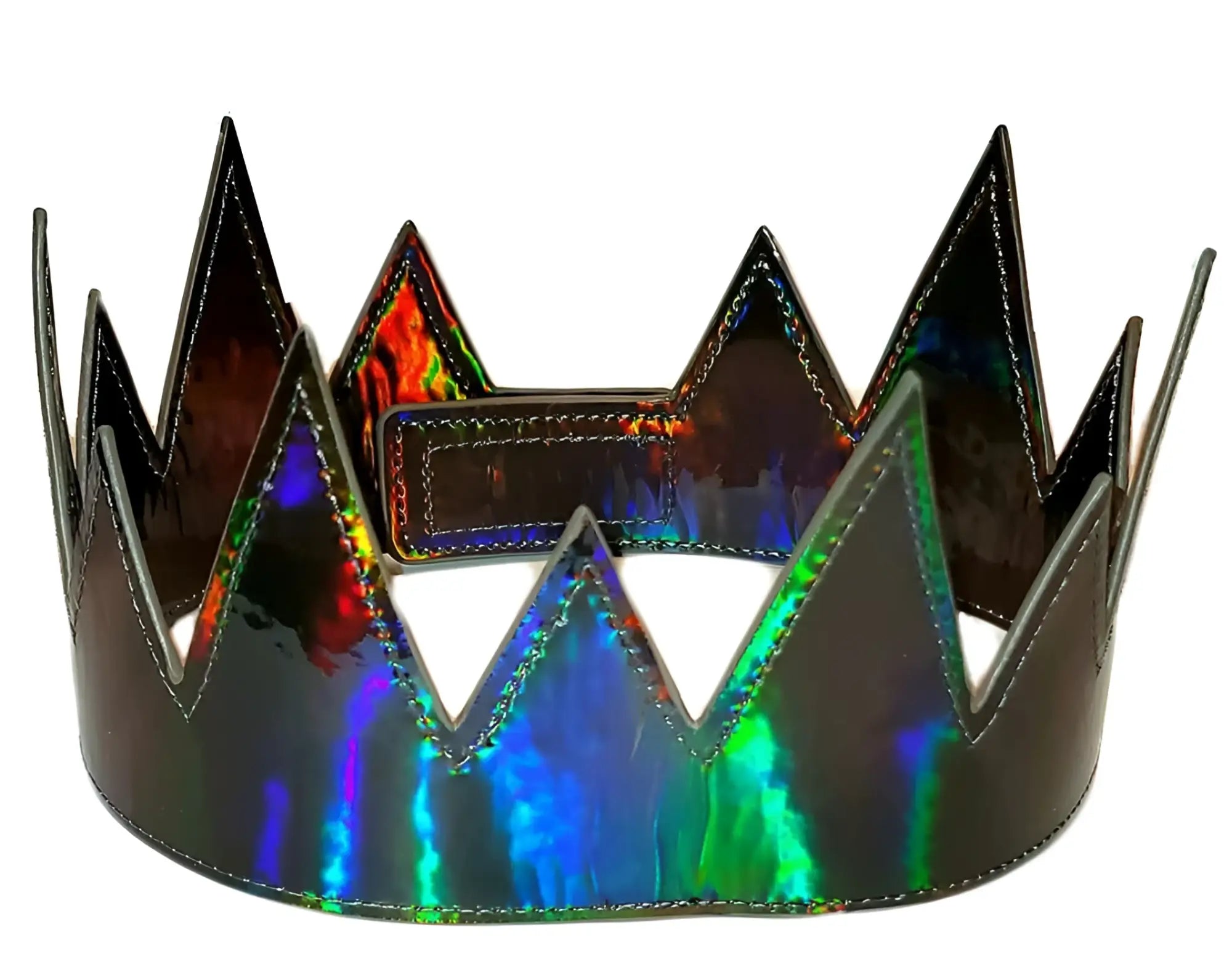 Party crown with a shimmering holographic finish and sharp triangular spikes in iridescent glossy material