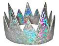 A party crown with a shimmering silver base, iridescent rainbow streaks, and a textured glittery surface