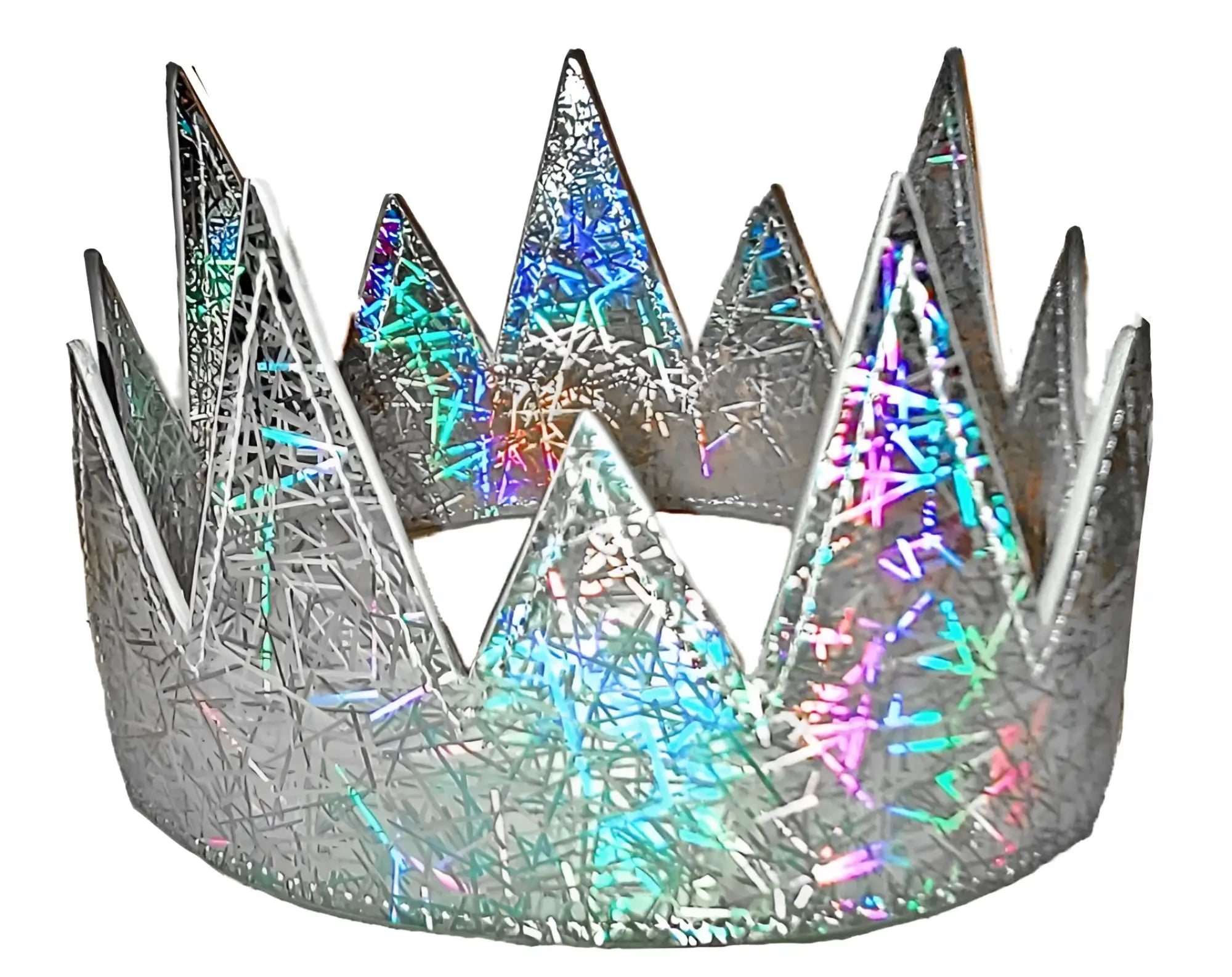 A party crown with a shimmering silver base, iridescent rainbow streaks, and a textured glittery surface
