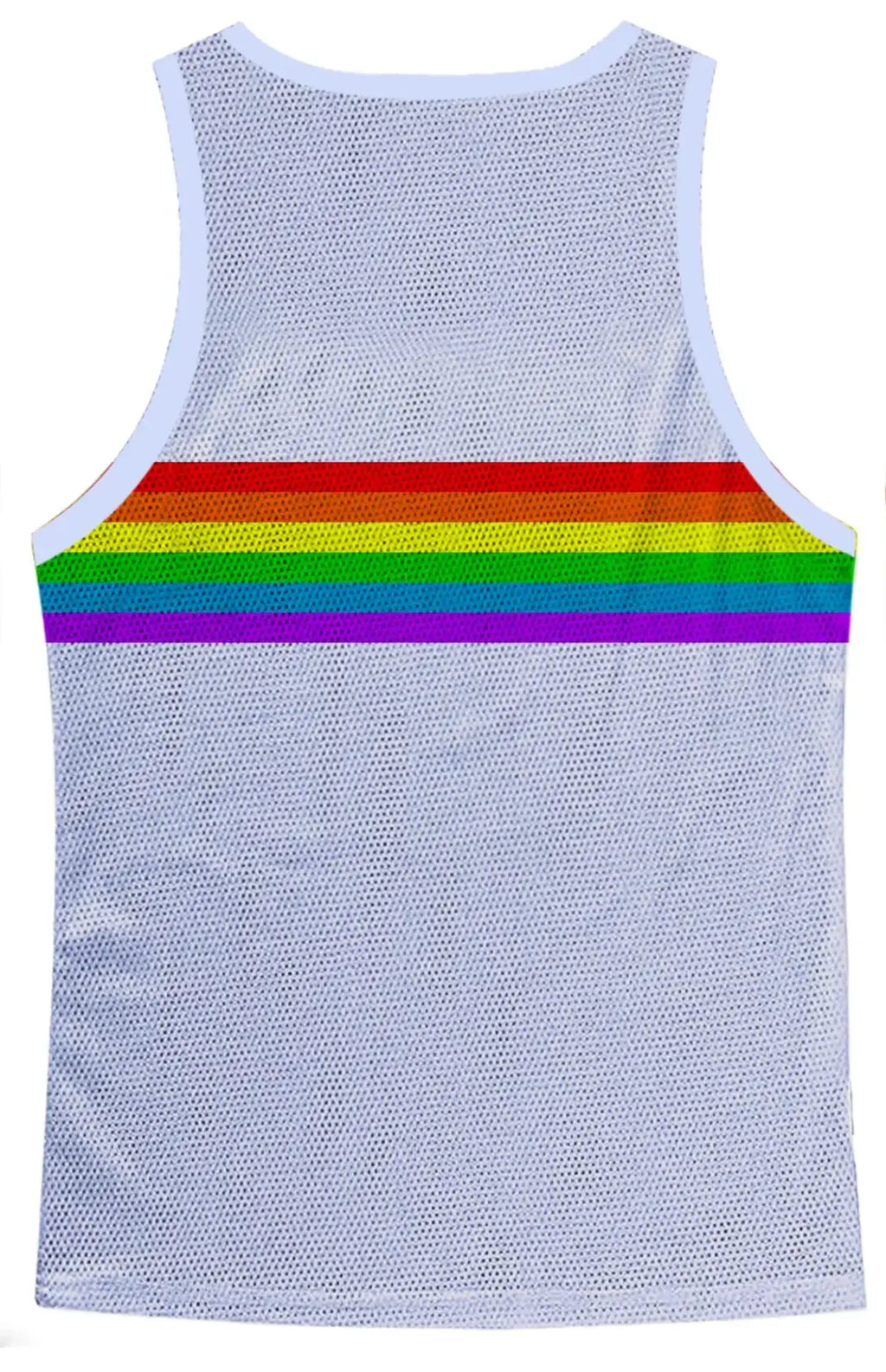 White mesh tank top with bold rainbow stripe across the chest in the rainbow chest stripe mesh tank design