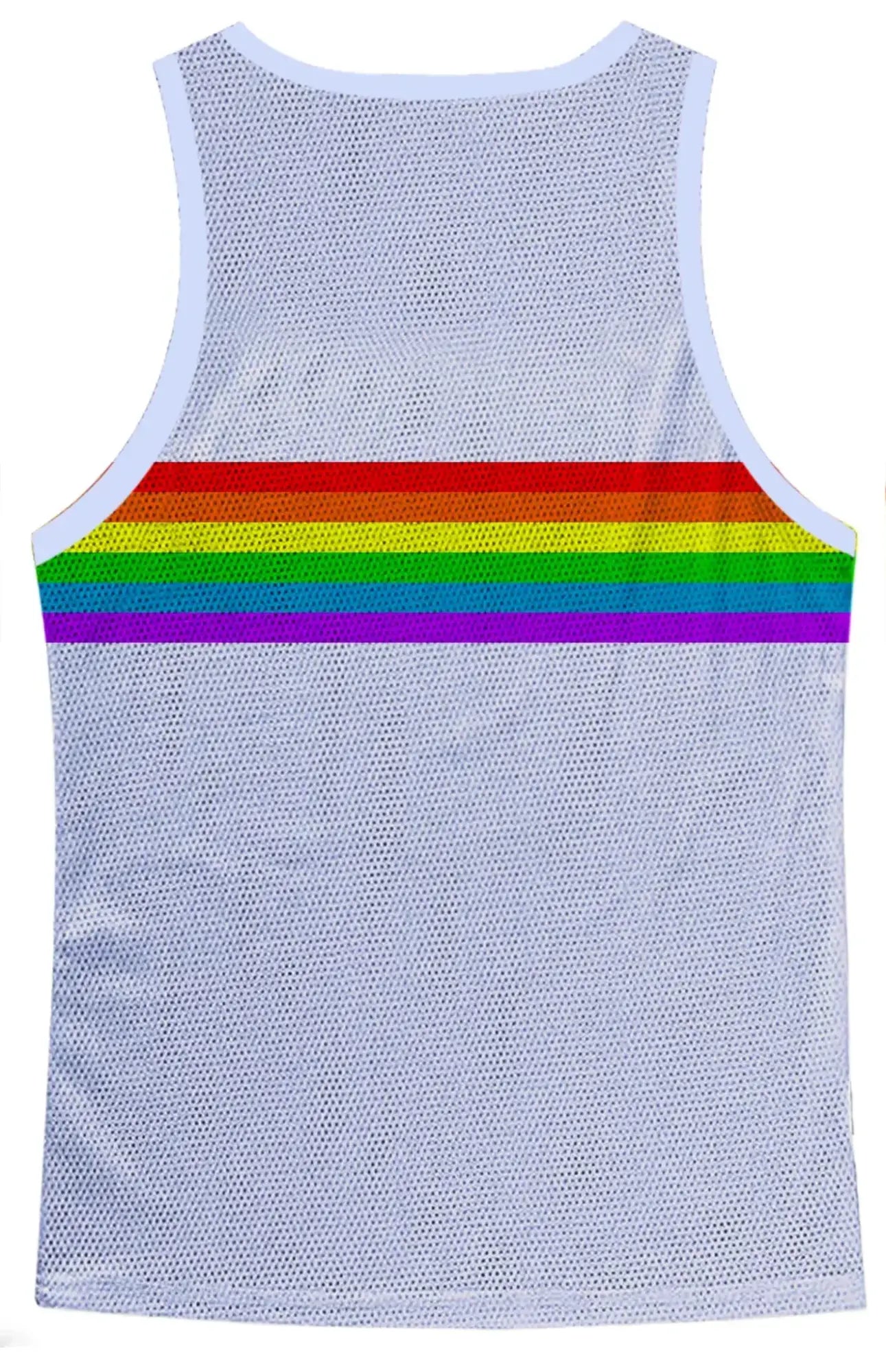 White mesh tank top with bold rainbow stripe across the chest in the rainbow chest stripe mesh tank design