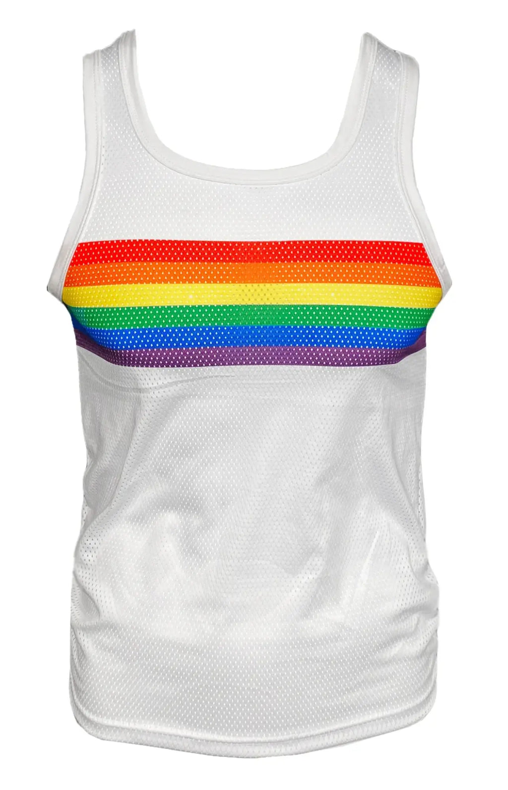 White mesh tank top with a vibrant horizontal rainbow stripe across the chest from rainbow chest stripe mesh tank collection