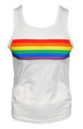White mesh tank top with a vibrant horizontal rainbow stripe across the chest from rainbow chest stripe mesh tank collection