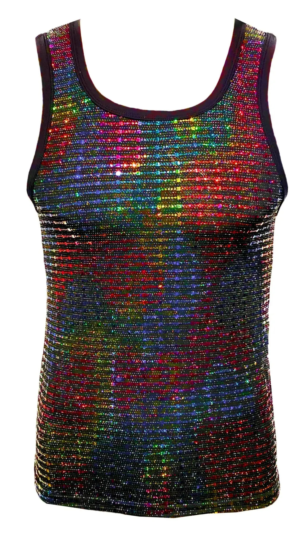 A shimmering rainbow sequined tank top with black trim perfect for festive and party wear