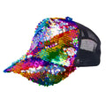 A vibrant rainbow sequin trucker cap with a black mesh back perfect for casual and festive wear