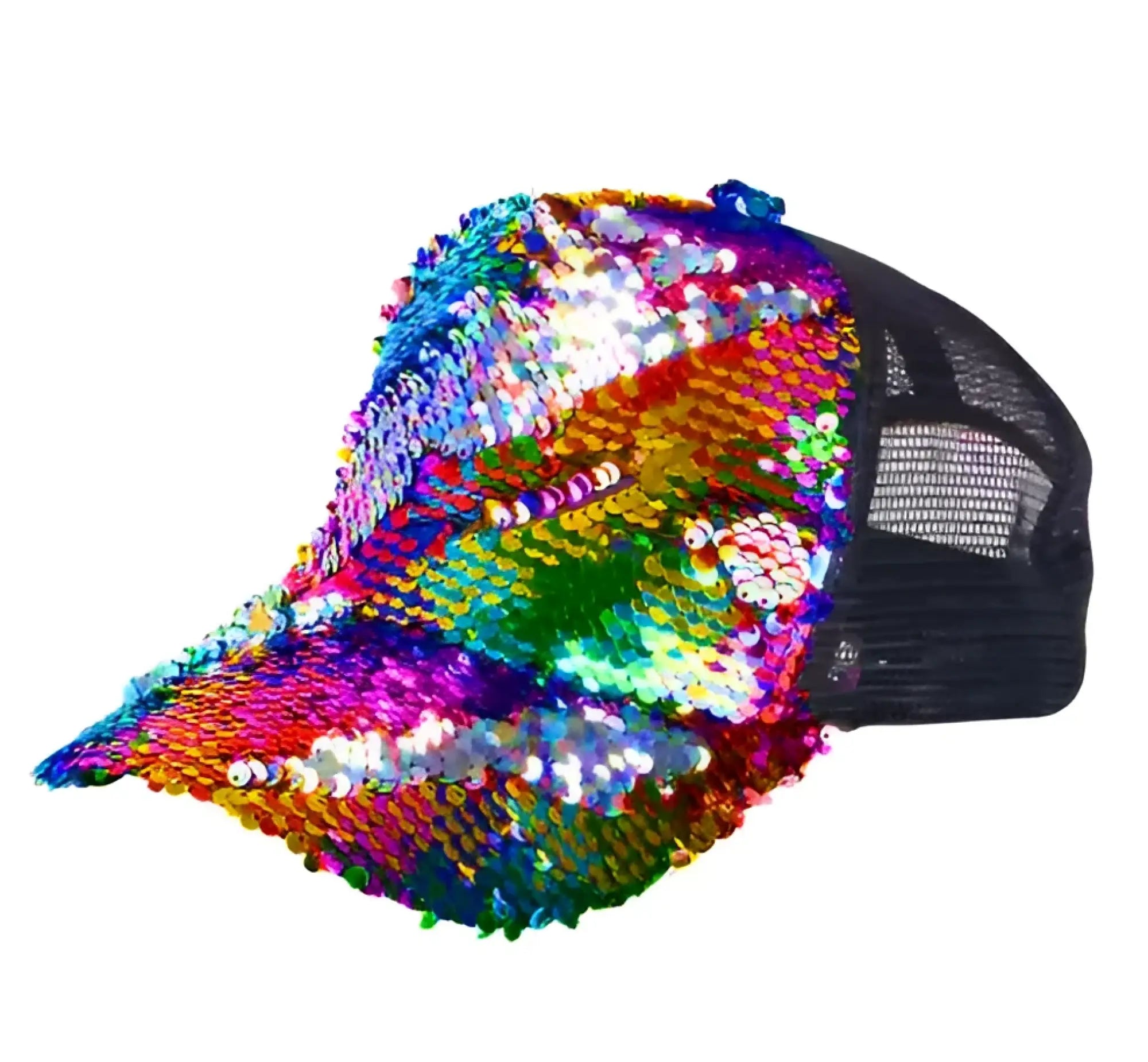 A vibrant rainbow sequin trucker cap with a black mesh back perfect for casual and festive wear