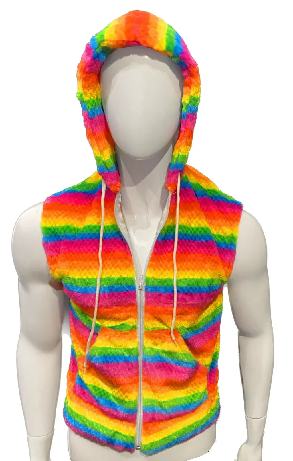 Rainbow stripe faux fur hoodie is a fuzzy hooded vest with a front zipper and drawstrings in vibrant colors