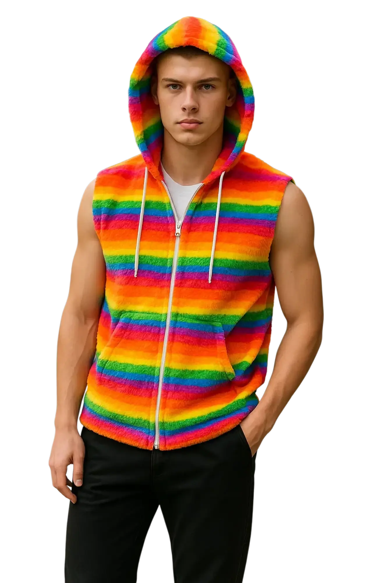 Rainbow stripe faux fur sleeveless hoodie with matching hood and white drawstrings in plush fabric