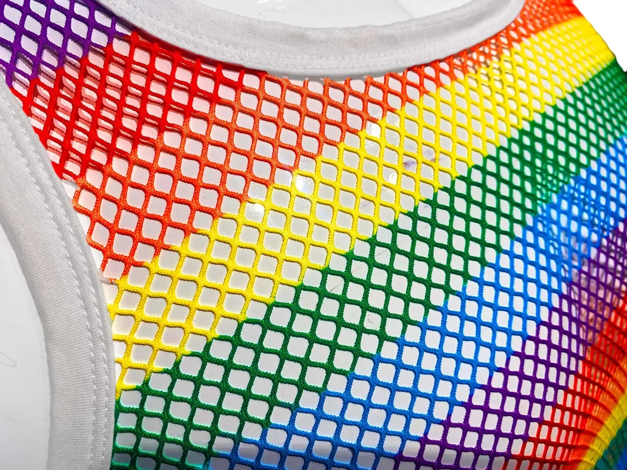 Rainbow stripe fine mesh tank top with rainbow-colored mesh and white trim perfect for vibrant summer outfits