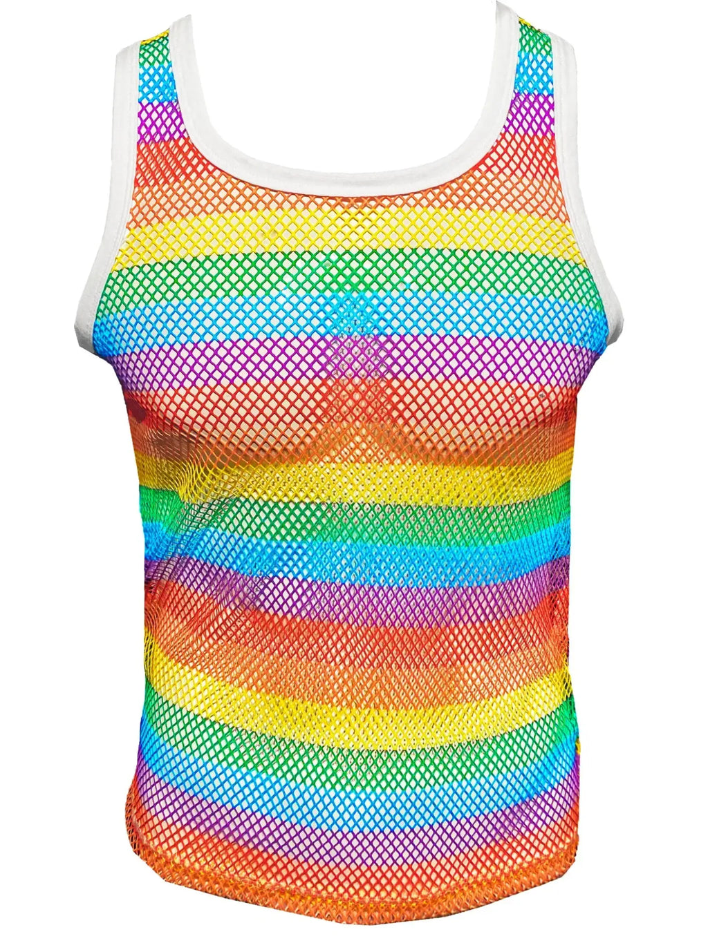 Rainbow stripe fine mesh tank top with white trim featuring a colorful striped pattern and breathable mesh fabric