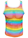 Rainbow stripe fine mesh tank top with white trim featuring a colorful striped pattern and breathable mesh fabric