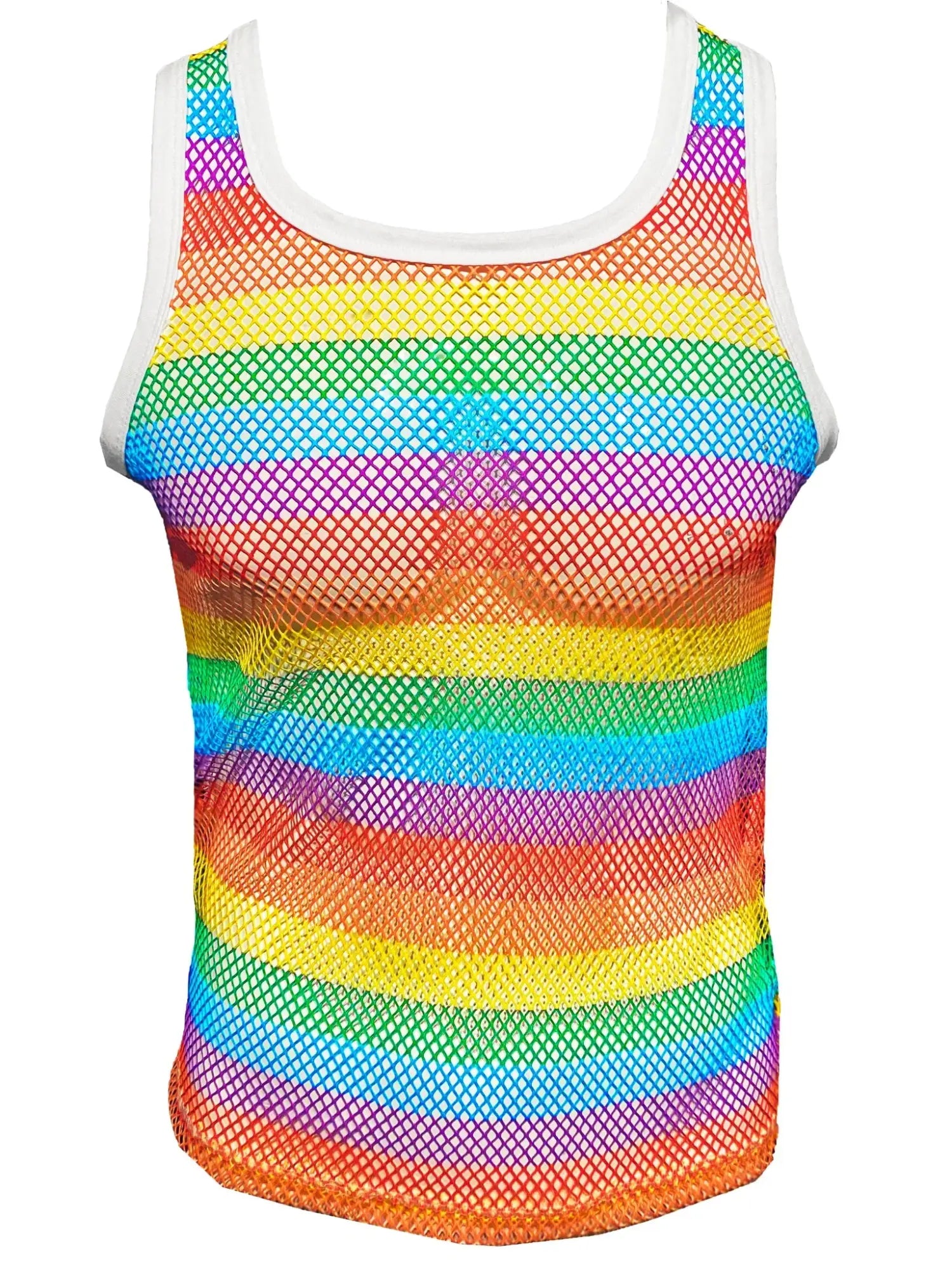 Rainbow stripe fine mesh tank top with white trim featuring a colorful striped pattern and breathable mesh fabric