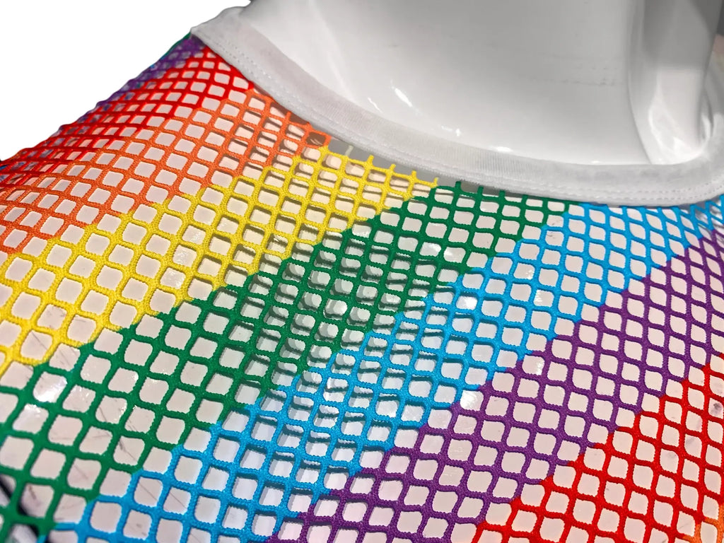 Rainbow stripe fine mesh tee with rainbow-colored mesh fishnet and white elastic neckline for stylish layering