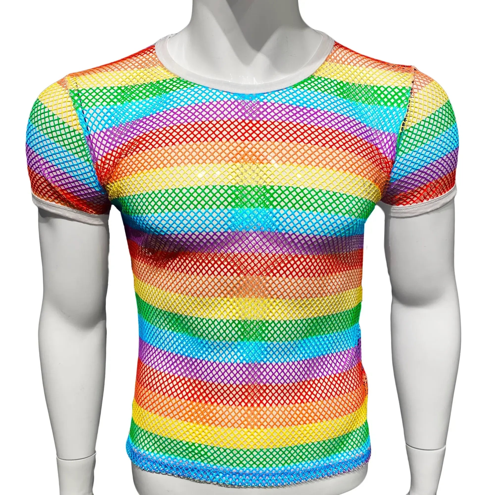 Rainbow stripe fine mesh tee short sleeve top with round neckline in rainbow-striped mesh fabric