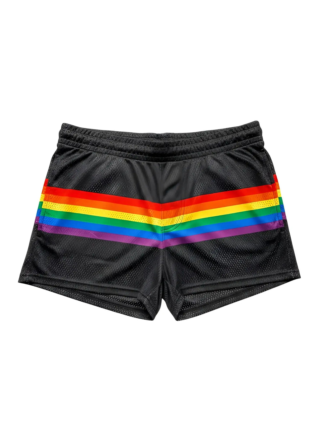 Black mesh athletic shorts with a bold horizontal rainbow stripe across the front for vibrant activewear style