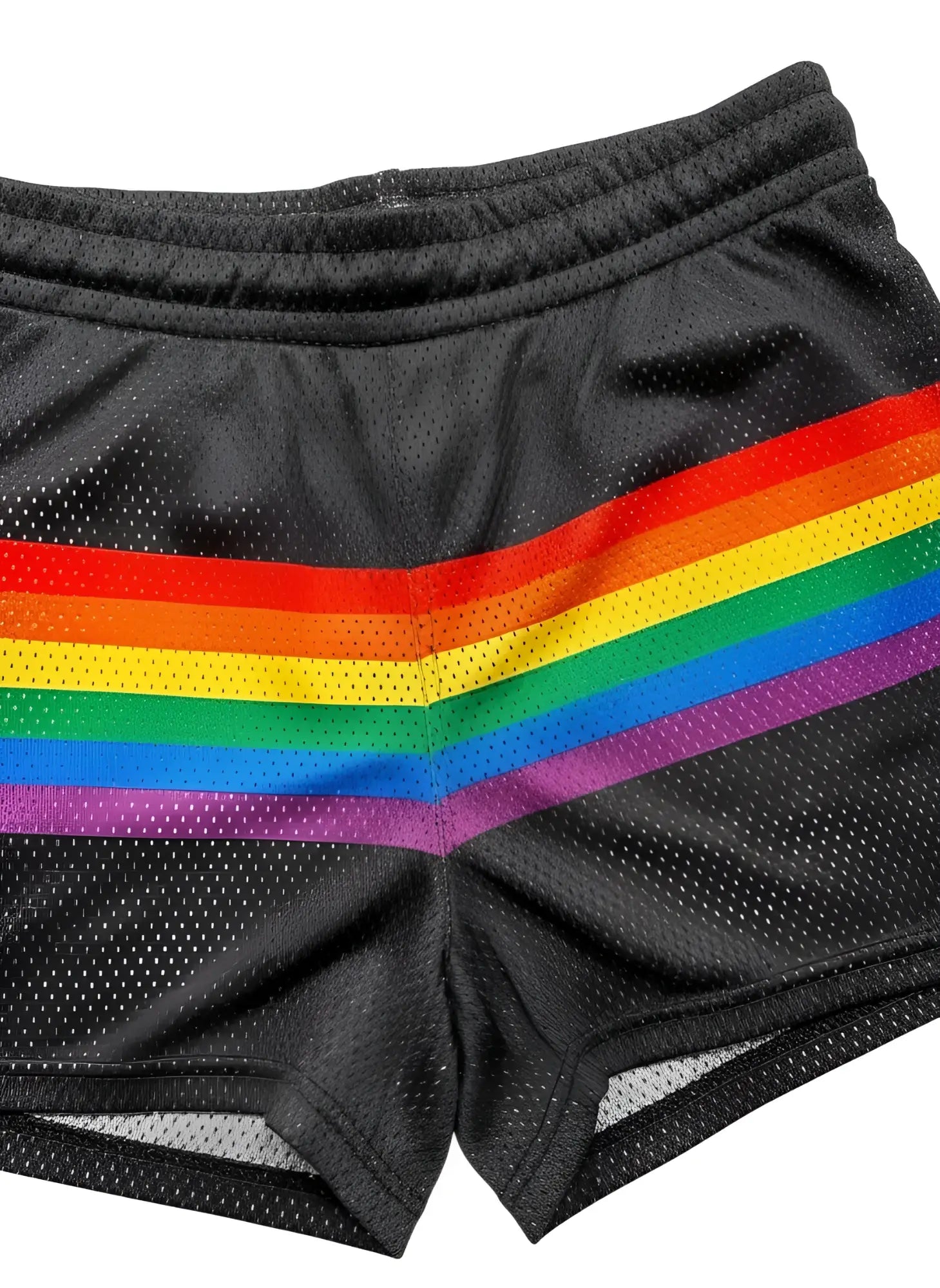 Black mesh athletic shorts with a bold multi-colored rainbow stripe across the front for activewear use