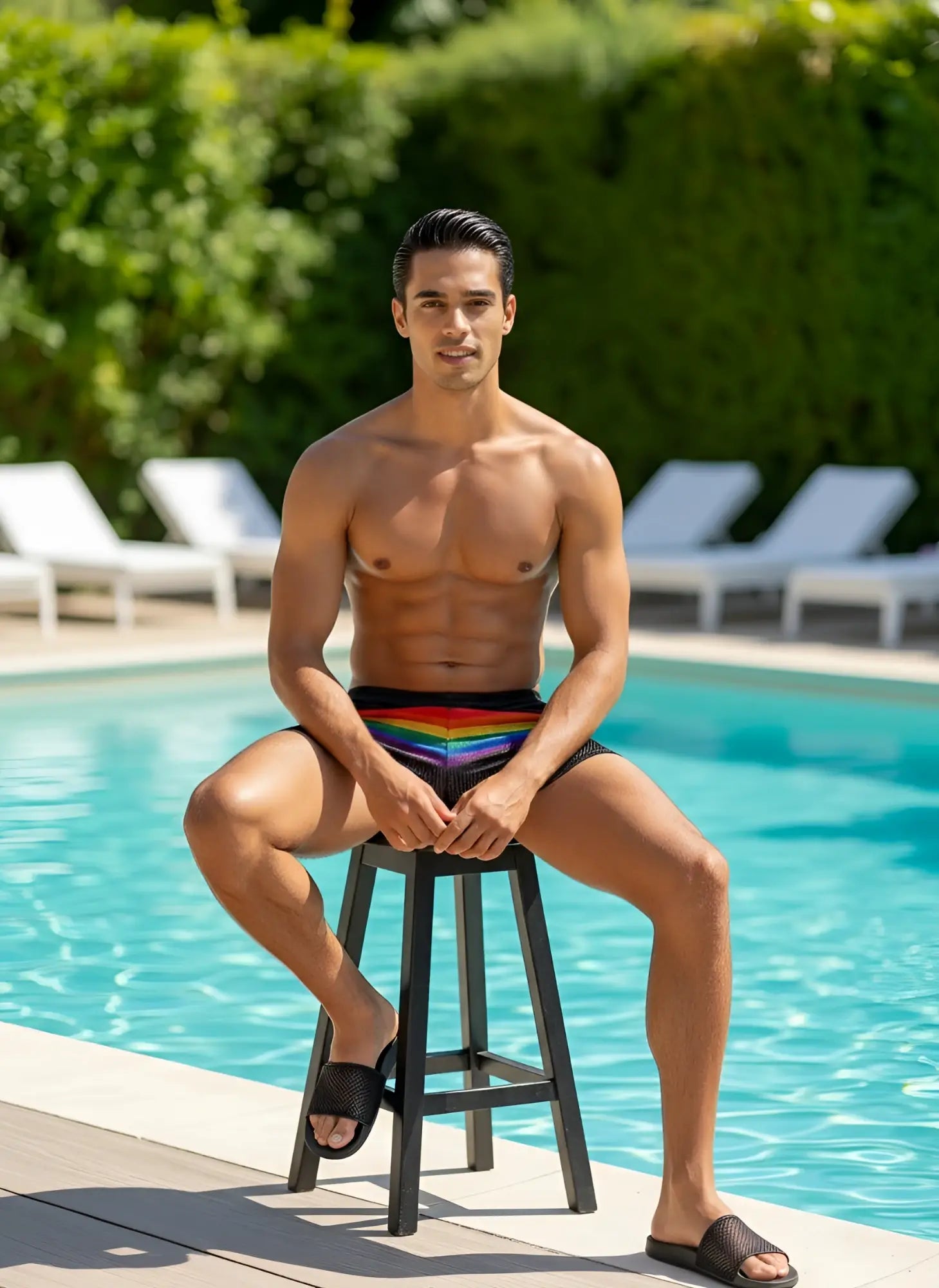 Rainbow stripe mesh shorts featuring rainbow-striped swim trunks with a black waistband in a lightweight mesh design