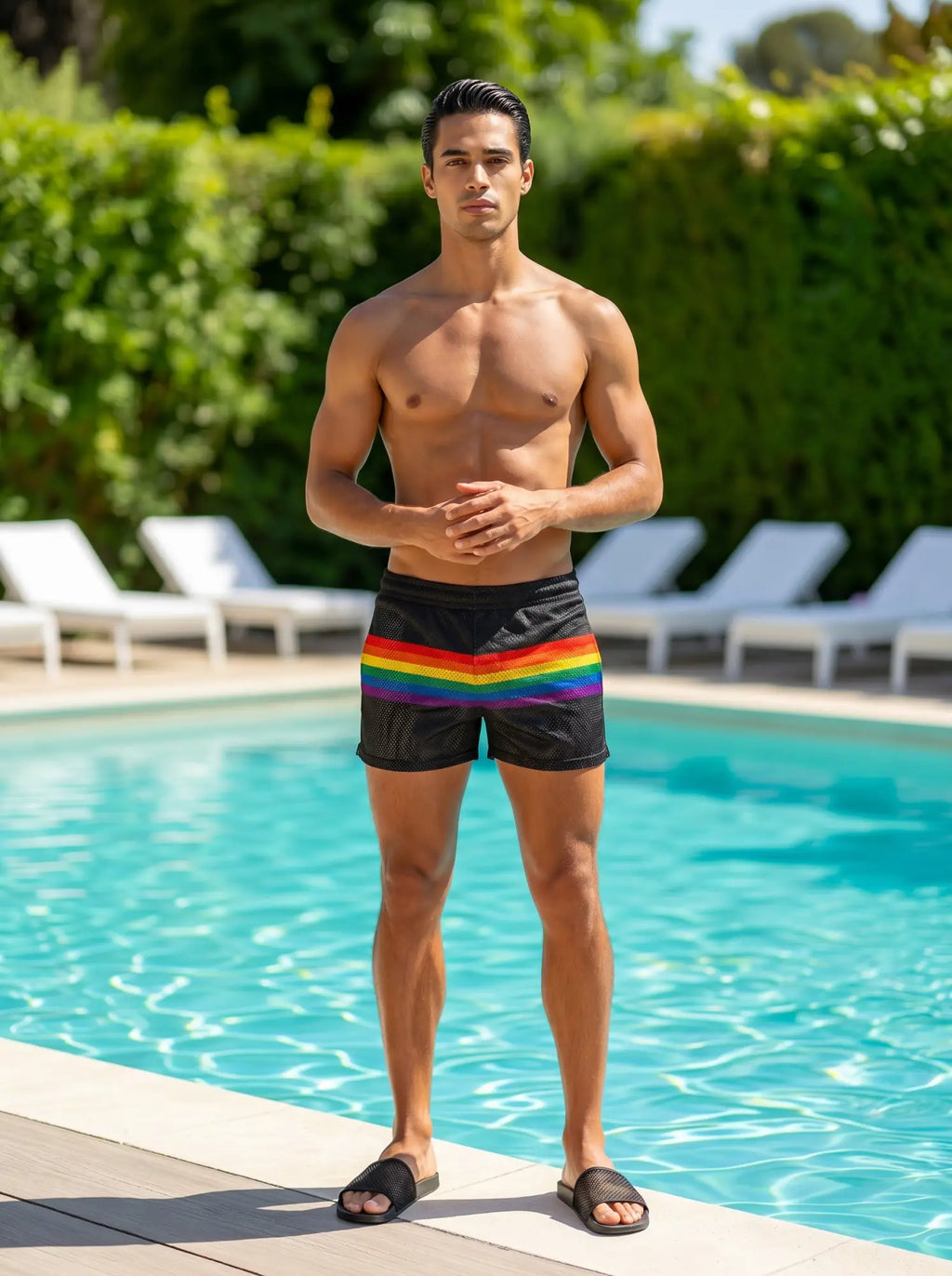 Black mesh swim shorts with a vibrant rainbow stripe across the waistband for stylish summer wear