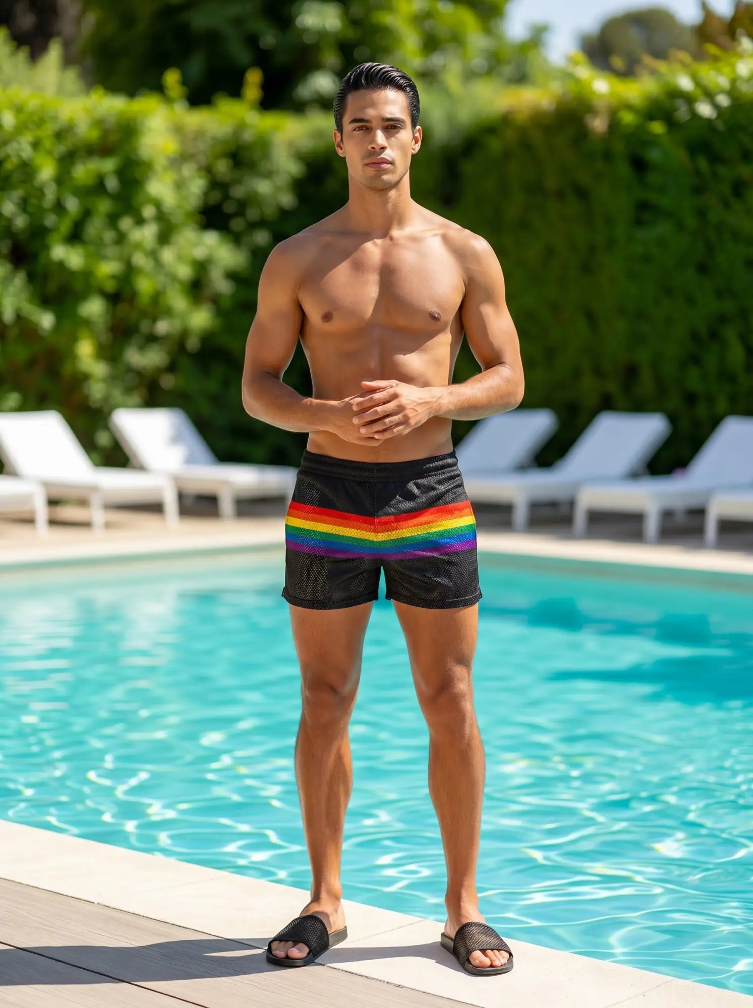 Black mesh swim shorts with a vibrant rainbow stripe across the waistband for stylish summer wear