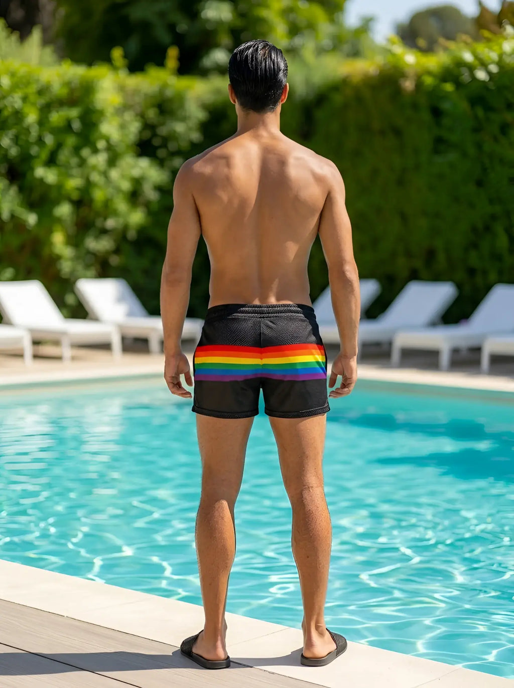Black rainbow stripe mesh shorts with vibrant rainbow stripe across the waistband, ideal for swimwear